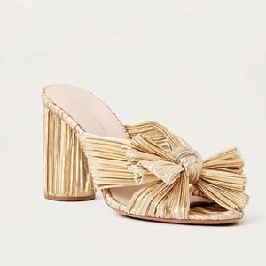 Loeffler Randall Women's Gold Lame Pleated Bow Penny Block Heeled Sandals sz 6